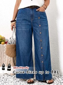 SHEIN CURVE+ Plus Size Women's Button Decor Elastic Waist Split Hem Fashion Jeans Vacation Beach Blue Fall Loose Fit Cargo - Blue - View 11