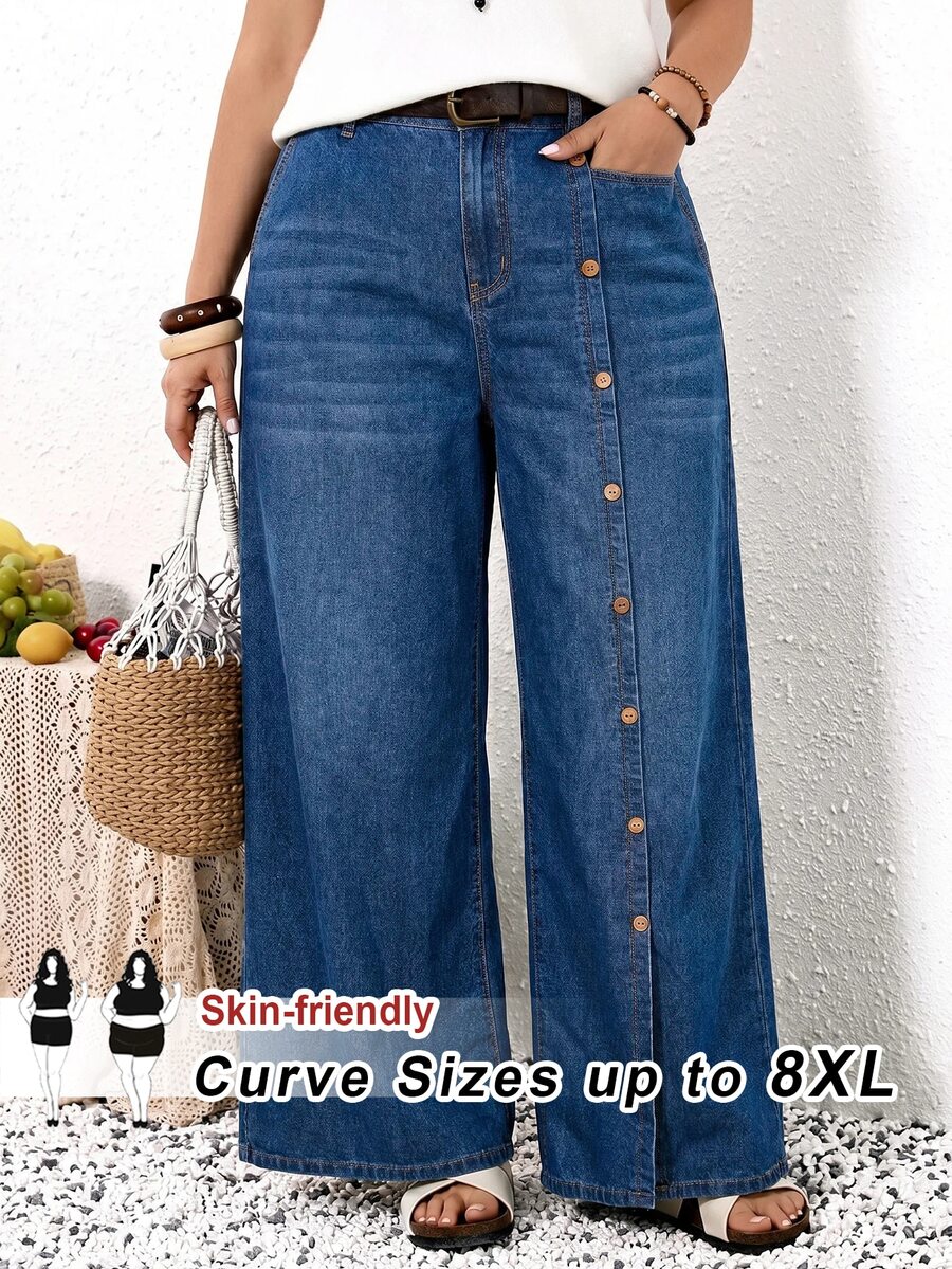 SHEIN CURVE+ 大尺碼女款鈕扣裝飾彈性腰開衩褲腳時尚牛仔褲 度假海灘藍色秋季寬鬆工裝褲 - 藍色 - 查看 1