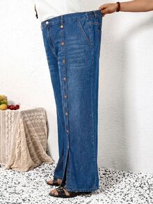 SHEIN CURVE+ Plus Size Women's Button Decor Elastic Waist Split Hem Fashion Jeans Vacation Beach Blue Fall Loose Fit Cargo - Blue - View 8