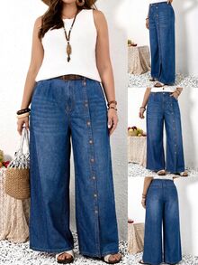 SHEIN CURVE+ Plus Size Women's Button Decor Elastic Waist Split Hem Fashion Jeans Vacation Beach Blue Fall Loose Fit Cargo - Blue - View 10