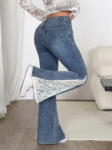 SHEIN PETITE 女款高腰蕾絲拼接時尚休閒牛仔喇叭褲 - 藍色 - 查看 2
