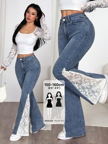 SHEIN PETITE 女款高腰蕾絲拼接時尚休閒牛仔喇叭褲 - 藍色 - 查看 1