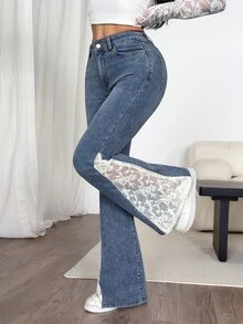 SHEIN PETITE 女款高腰蕾絲拼接時尚休閒牛仔喇叭褲 - 藍色 - 查看 4