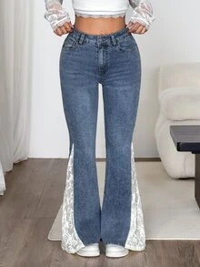 SHEIN PETITE 女款高腰蕾絲拼接時尚休閒牛仔喇叭褲 - 藍色 - 查看 6