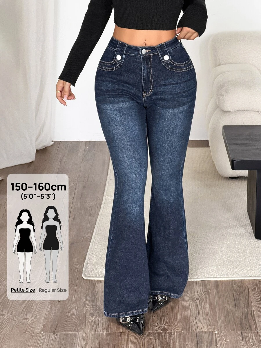 SHEIN PETITE بنطلون جينز نسائي ضيق مطاطي مثير مع تطريز متقاطع، أزرق - الأزرق - مشاهدة 1