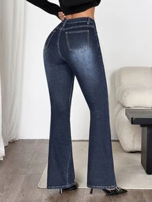 SHEIN PETITE بنطلون جينز نسائي ضيق مطاطي مثير مع تطريز متقاطع، أزرق - الأزرق - مشاهدة 2
