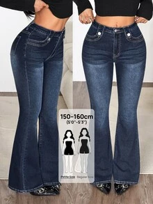 SHEIN PETITE بنطلون جينز نسائي ضيق مطاطي مثير مع تطريز متقاطع، أزرق - الأزرق - مشاهدة 9