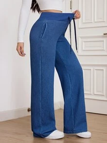 SHEIN Tall بنطلون جينز نسائي بخصر عالي مع رباط بلون موحد، أسلوب الشارع الحضري النهضوي، موضة كاجوال إبداعية وشخصية ملابس الشارع - الأزرق - مشاهدة 8