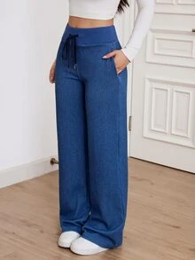 SHEIN Tall بنطلون جينز نسائي بخصر عالي مع رباط بلون موحد، أسلوب الشارع الحضري النهضوي، موضة كاجوال إبداعية وشخصية ملابس الشارع - الأزرق - مشاهدة 5