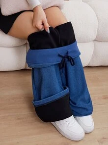 SHEIN Tall بنطلون جينز نسائي بخصر عالي مع رباط بلون موحد، أسلوب الشارع الحضري النهضوي، موضة كاجوال إبداعية وشخصية ملابس الشارع - الأزرق - مشاهدة 7