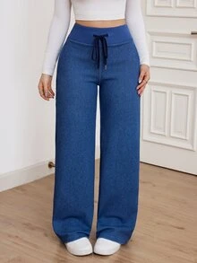 SHEIN Tall بنطلون جينز نسائي بخصر عالي مع رباط بلون موحد، أسلوب الشارع الحضري النهضوي، موضة كاجوال إبداعية وشخصية ملابس الشارع - الأزرق - مشاهدة 6