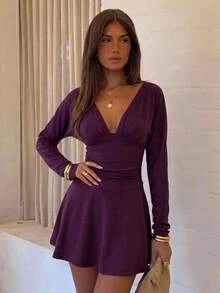 Aloruh Women's Autumn/Winter Deep V-Neck Ruched Waist Flared Mini Dress - Purple - View 1