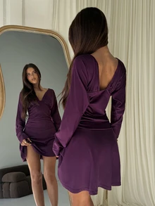 Aloruh Women's Autumn/Winter Deep V-Neck Ruched Waist Flared Mini Dress - Purple - View 2