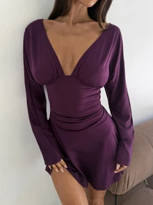 Aloruh Women's Autumn/Winter Deep V-Neck Ruched Waist Flared Mini Dress - Purple - View 7