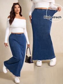 SHEIN Tall CURVE Women's Plus Size Casual Loose Fit Cargo Minimalist Long Denim Skirt Weekend Vacation Fall - Blue - View 7
