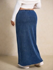 SHEIN Tall CURVE Women's Plus Size Casual Loose Fit Cargo Minimalist Long Denim Skirt Weekend Vacation Fall - Blue - View 3