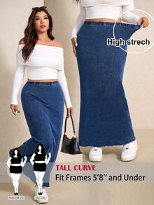 SHEIN Tall CURVE Women's Plus Size Casual Loose Fit Cargo Minimalist Long Denim Skirt Weekend Vacation Fall - Blue - View 1