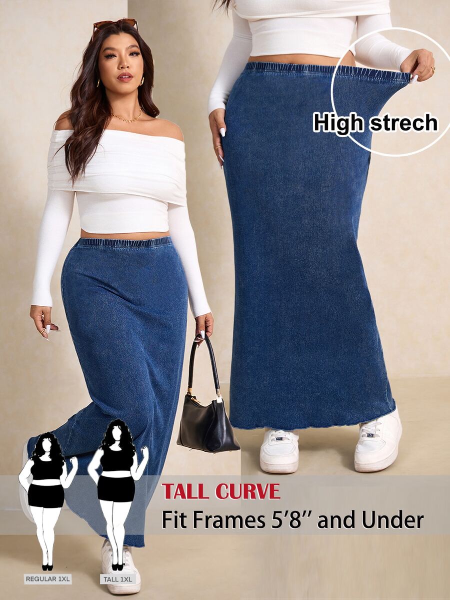 SHEIN Tall CURVE Women's Plus Size Casual Loose Fit Cargo Minimalist Long Denim Skirt Weekend Vacation Fall - Blue - View 1