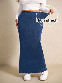 SHEIN Tall CURVE Women's Plus Size Casual Loose Fit Cargo Minimalist Long Denim Skirt Weekend Vacation Fall - Blue - View 5