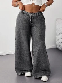 SHEIN Tall CURVE 大尺碼女款高腰口袋寬腿寬鬆休閒牛仔褲 - 黑色 - 查看 3