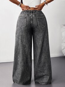 SHEIN Tall CURVE 大尺碼女款高腰口袋寬腿寬鬆休閒牛仔褲 - 黑色 - 查看 2