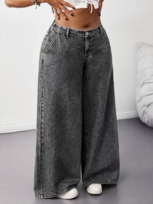 SHEIN Tall CURVE 大尺碼女款高腰口袋寬腿寬鬆休閒牛仔褲 - 黑色 - 查看 4