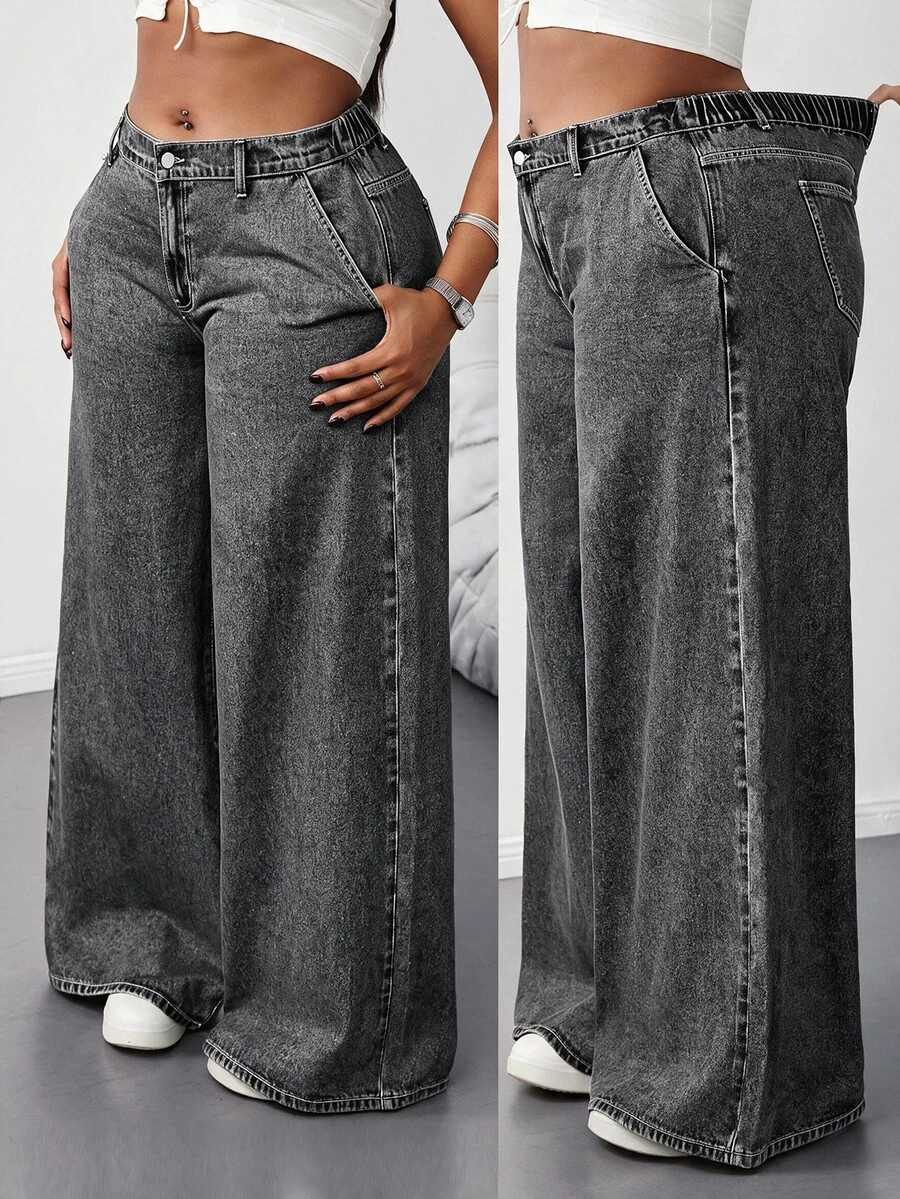 SHEIN Tall CURVE 大尺碼女款高腰口袋寬腿寬鬆休閒牛仔褲 - 黑色 - 查看 1