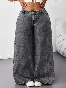 SHEIN Tall CURVE 大尺碼女款高腰口袋寬腿寬鬆休閒牛仔褲 - 黑色 - 查看 6