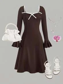 SHEIN Tween Girls Deep Coffee Colorblock Bow Long Sleeve Fall Dress, Party Tea Party Christmas Dress - Coffee Brown - View 3