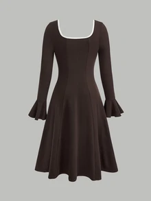 SHEIN Tween Girls Deep Coffee Colorblock Bow Long Sleeve Fall Dress, Party Tea Party Christmas Dress - Coffee Brown - View 2