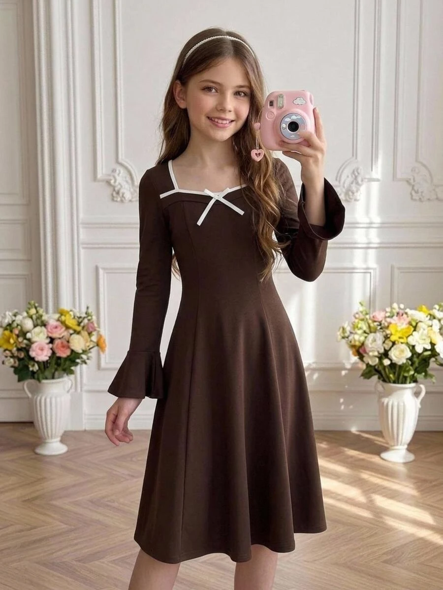 SHEIN Tween Girls Deep Coffee Colorblock Bow Long Sleeve Fall Dress, Party Tea Party Christmas Dress - Coffee Brown - View 1