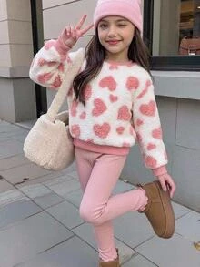 SHEIN 女童小女孩圓領長袖愛心圖案衛衣與純色長褲套裝 - 彩色 - 查看 2