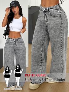 SHEIN PETITE CURVE Plus Size Women's Solid Color Elastic Waist Fashion Casual Denim Jeans - Grey - View 1
