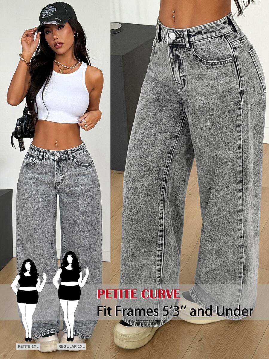 SHEIN PETITE CURVE Plus Size Women's Solid Color Elastic Waist Fashion Casual Denim Jeans - Grey - View 1