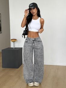 SHEIN PETITE CURVE Plus Size Women's Solid Color Elastic Waist Fashion Casual Denim Jeans - Grey - View 5