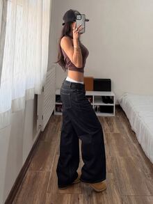 SHEIN PETITE CURVE بنطلون جينز كاجوال يومي للنساء بمقاسات كبيرة مع جيوب وأزرار - الأسود - مشاهدة 5