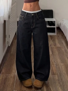 SHEIN PETITE CURVE بنطلون جينز كاجوال يومي للنساء بمقاسات كبيرة مع جيوب وأزرار - الأسود - مشاهدة 6