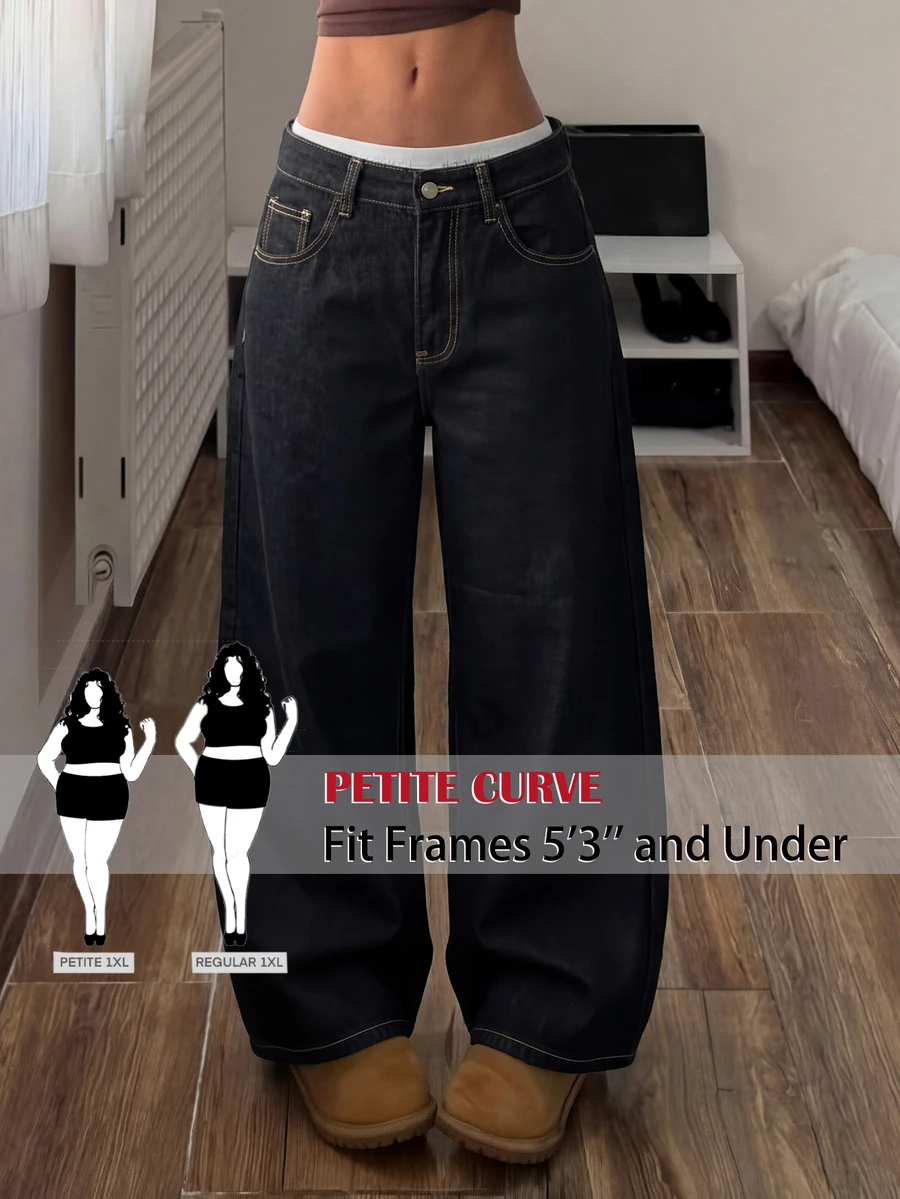 SHEIN PETITE CURVE بنطلون جينز كاجوال يومي للنساء بمقاسات كبيرة مع جيوب وأزرار - الأسود - مشاهدة 1