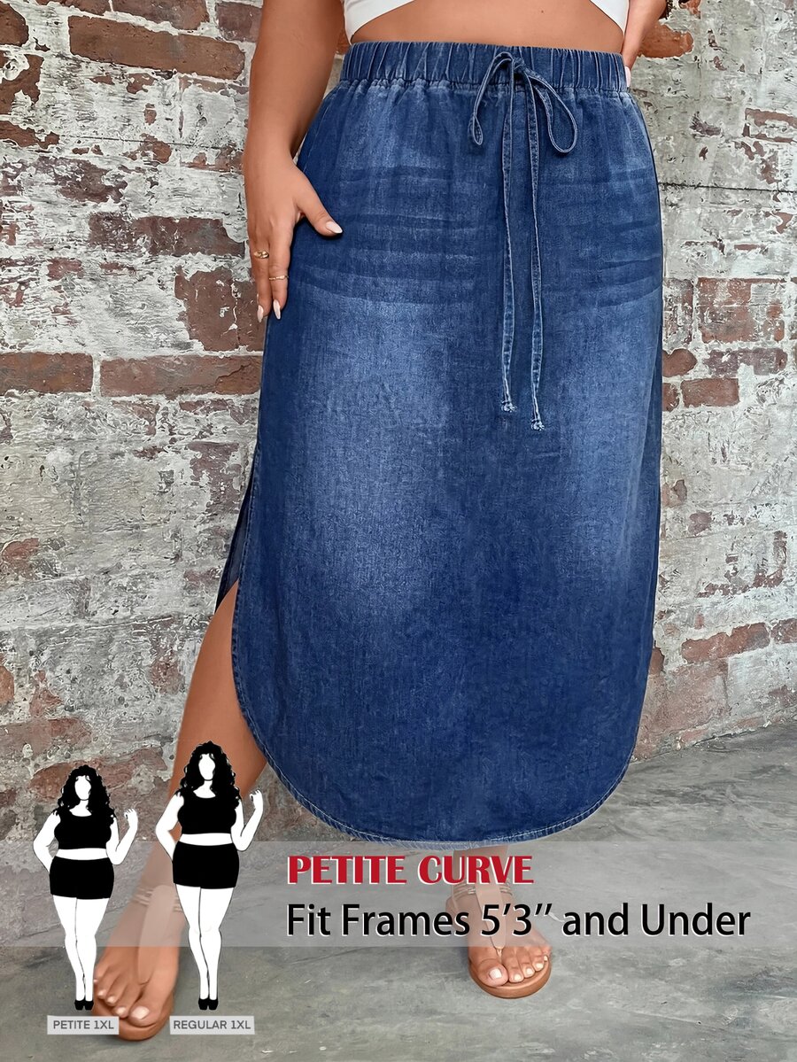 SHEIN PETITE CURVE Plus Size Women's Elastic Waist Distressed Casual Denim Skirt - Blue - View 1