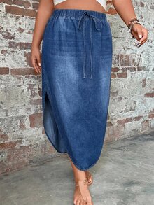 SHEIN PETITE CURVE Plus Size Women's Elastic Waist Distressed Casual Denim Skirt - Blue - View 6