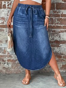 SHEIN PETITE CURVE Plus Size Women's Elastic Waist Distressed Casual Denim Skirt - Blue - View 3