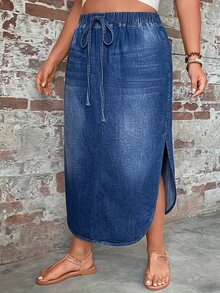 SHEIN PETITE CURVE Plus Size Women's Elastic Waist Distressed Casual Denim Skirt - Blue - View 4