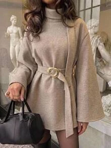 Aloruh Women's Autumn/Winter Flared Collar Cinched Waist Metal Decor Wool Blend Jacket,New Fall Styles - Khaki - View 1