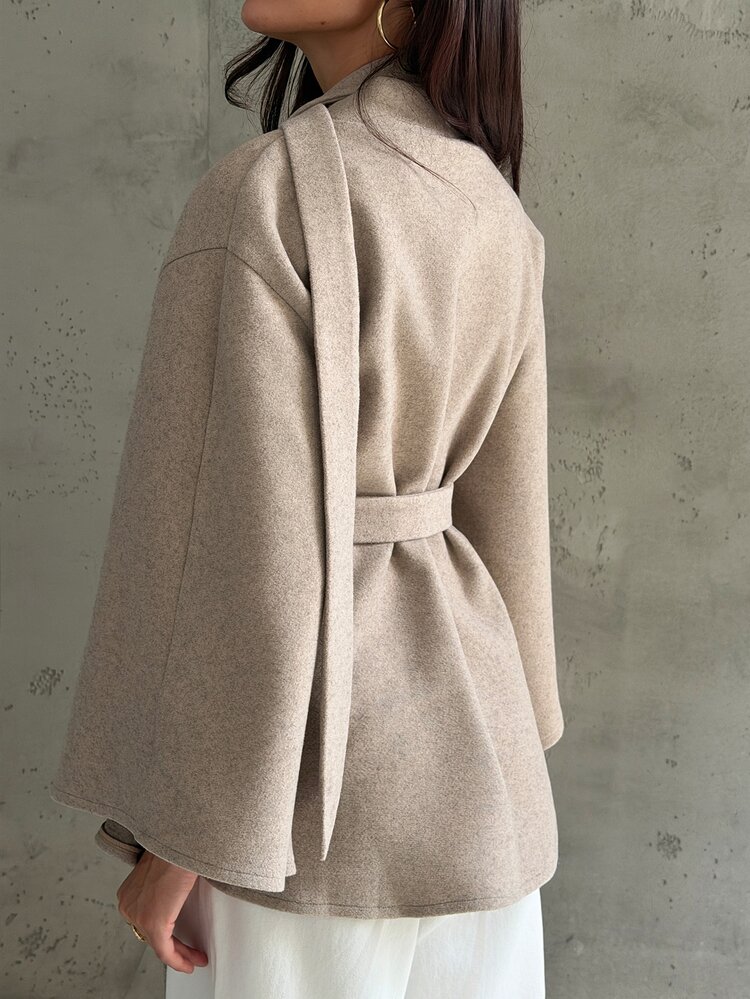 Aloruh Women's Autumn/Winter Flared Collar Cinched Waist Metal Decor Wool Blend Jacket,New Fall Styles - Khaki - View 2