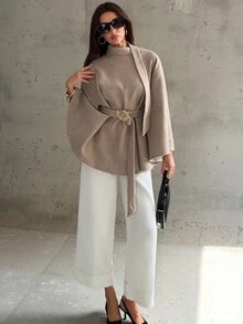 Aloruh Women's Autumn/Winter Flared Collar Cinched Waist Metal Decor Wool Blend Jacket,New Fall Styles - Khaki - View 4