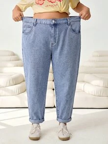 SHEIN CURVE+ Plus Size Women's Casual Zipper Pocket Design Denim Jeans Winter Halloween Christmas Party - Blue - View 3