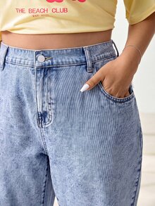 SHEIN CURVE+ Plus Size Women's Casual Zipper Pocket Design Denim Jeans Winter Halloween Christmas Party - Blue - View 2