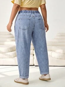 SHEIN CURVE+ Plus Size Women's Casual Zipper Pocket Design Denim Jeans Winter Halloween Christmas Party - Blue - View 6