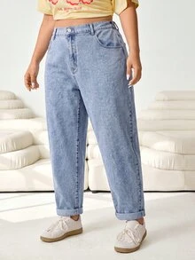 SHEIN CURVE+ Plus Size Women's Casual Zipper Pocket Design Denim Jeans Winter Halloween Christmas Party - Blue - View 5