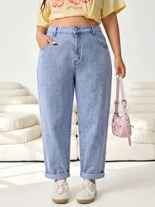 SHEIN CURVE+ Plus Size Women's Casual Zipper Pocket Design Denim Jeans Winter Halloween Christmas Party - Blue - View 4